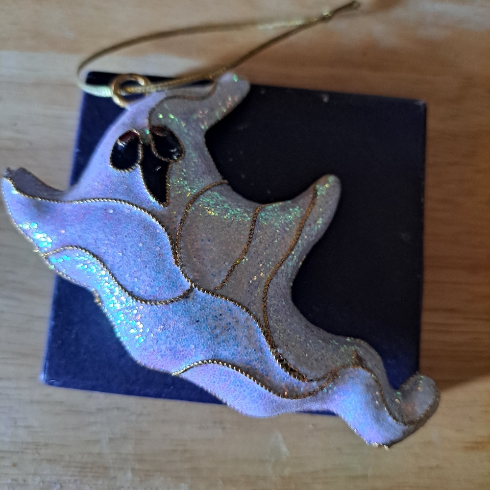 Vintage Halloween Enamel Ghost Tree Ornament in Original Box